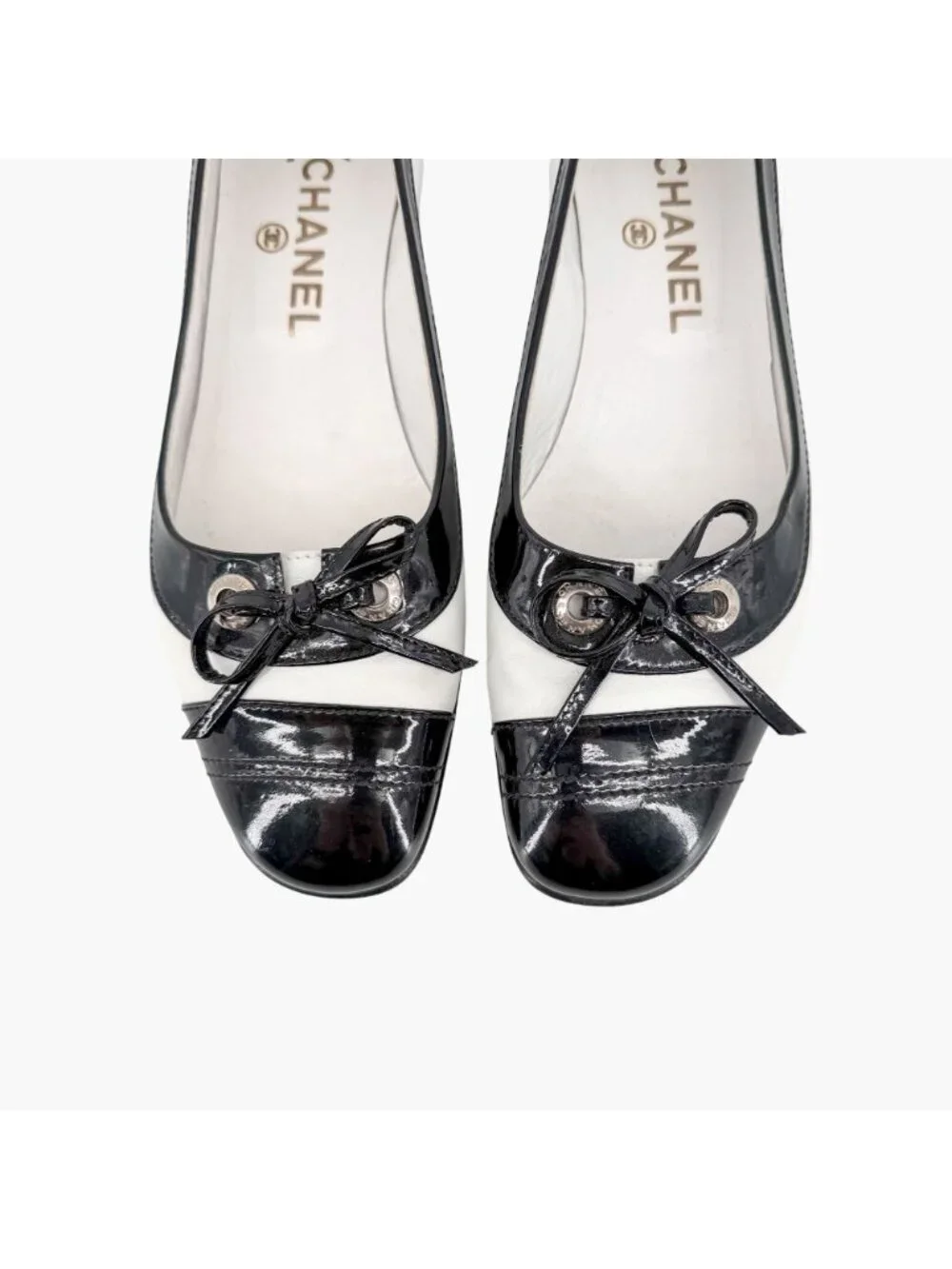 Chanel Vintage Black White Cap Toe Kitten Pumps Size 38 US 7–7.5 Two Tone Ballet - Picture 4 of 15